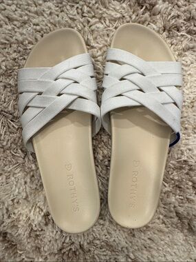 Rothy's Cream Slide Sandals with White Crisscross Straps
